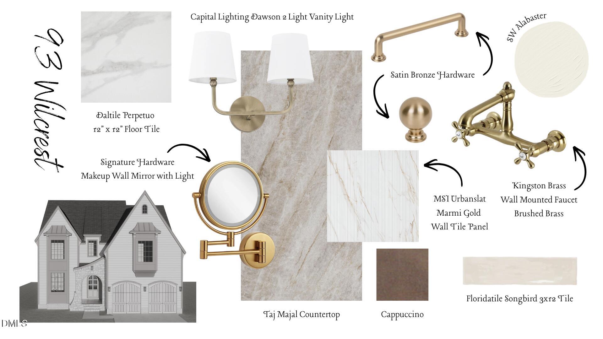 Bathroom finish board for 93 Wilcrest Drive with brass fixtures, marble-look tile, and a lighted makeup mirror.