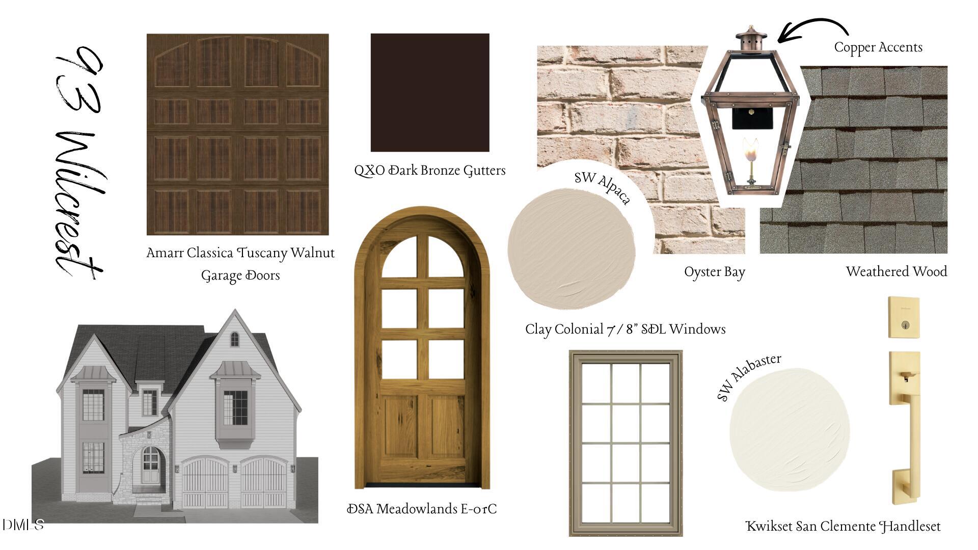 93 Wilcrest exterior design board with a house rendering and labeled samples of finishes, doors, windows, and hardware.