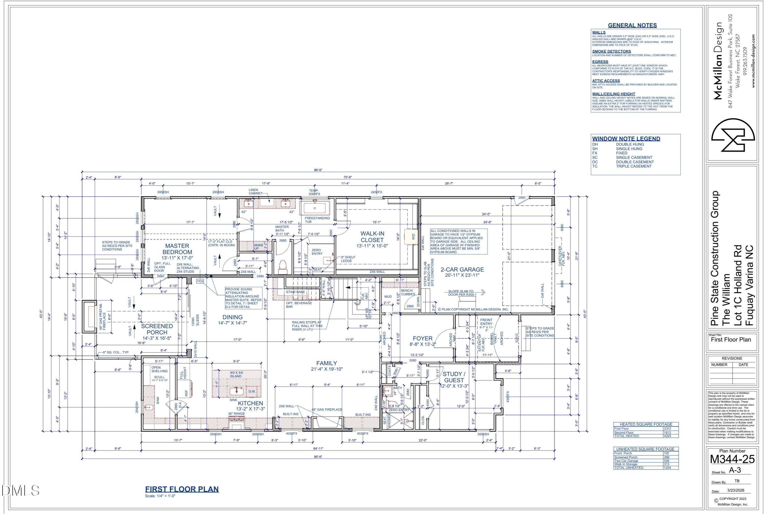 First-floor house plan with labeled rooms, dimensions, and a two-car garage.