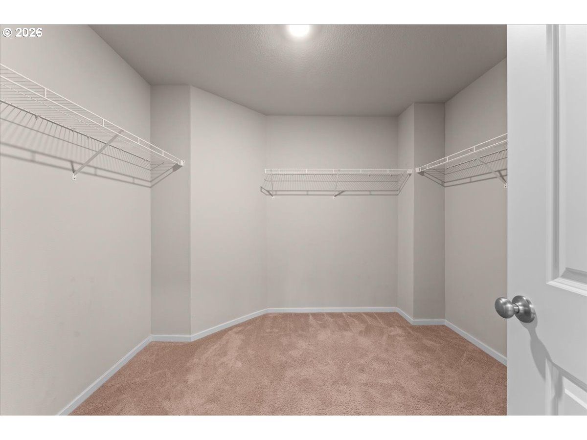 Walk-in closet with beige carpet and white wire shelving on three walls.