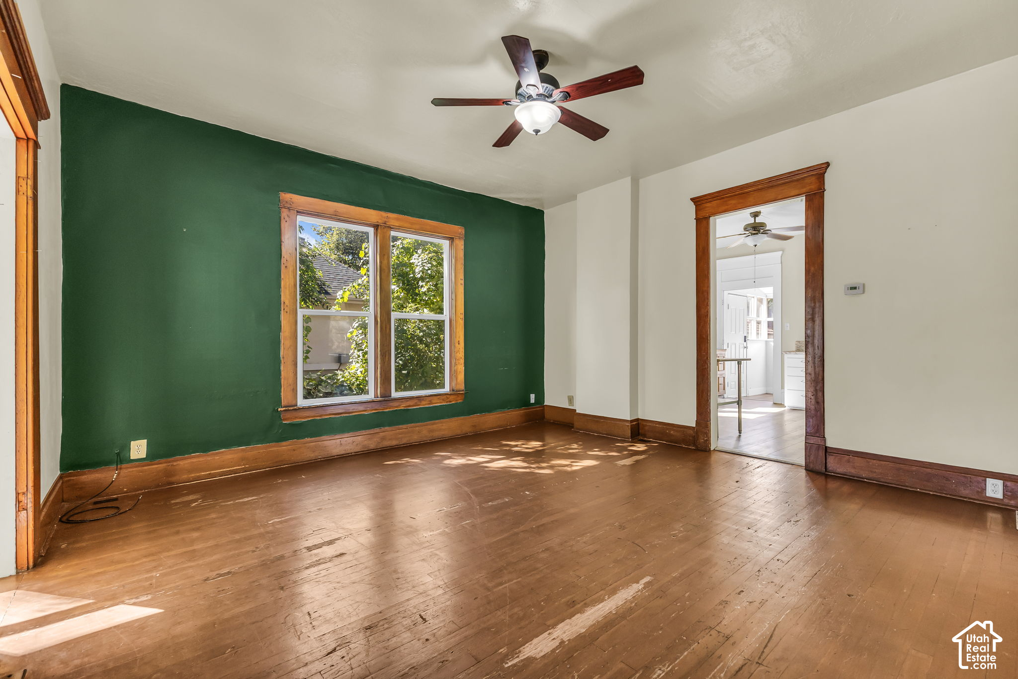 Vacant living room with a green accent wall, wood trim, and worn hardwood floors.