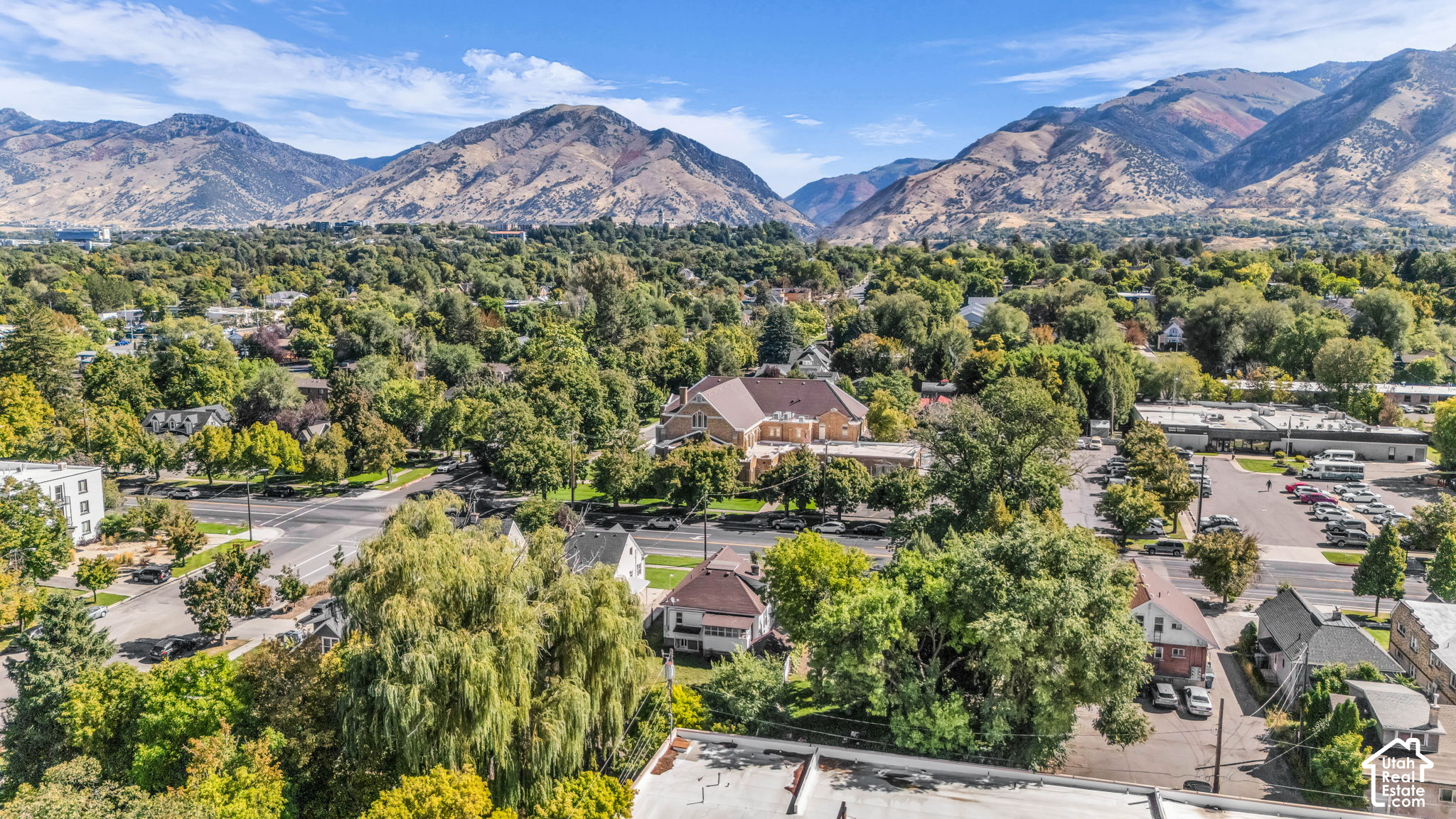 Aerial view of Logan homes and tree-lined streets with mountains rising behind the city.