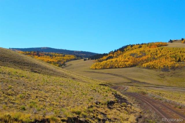 Open rolling land with a winding dirt track and golden autumn trees on the hills.