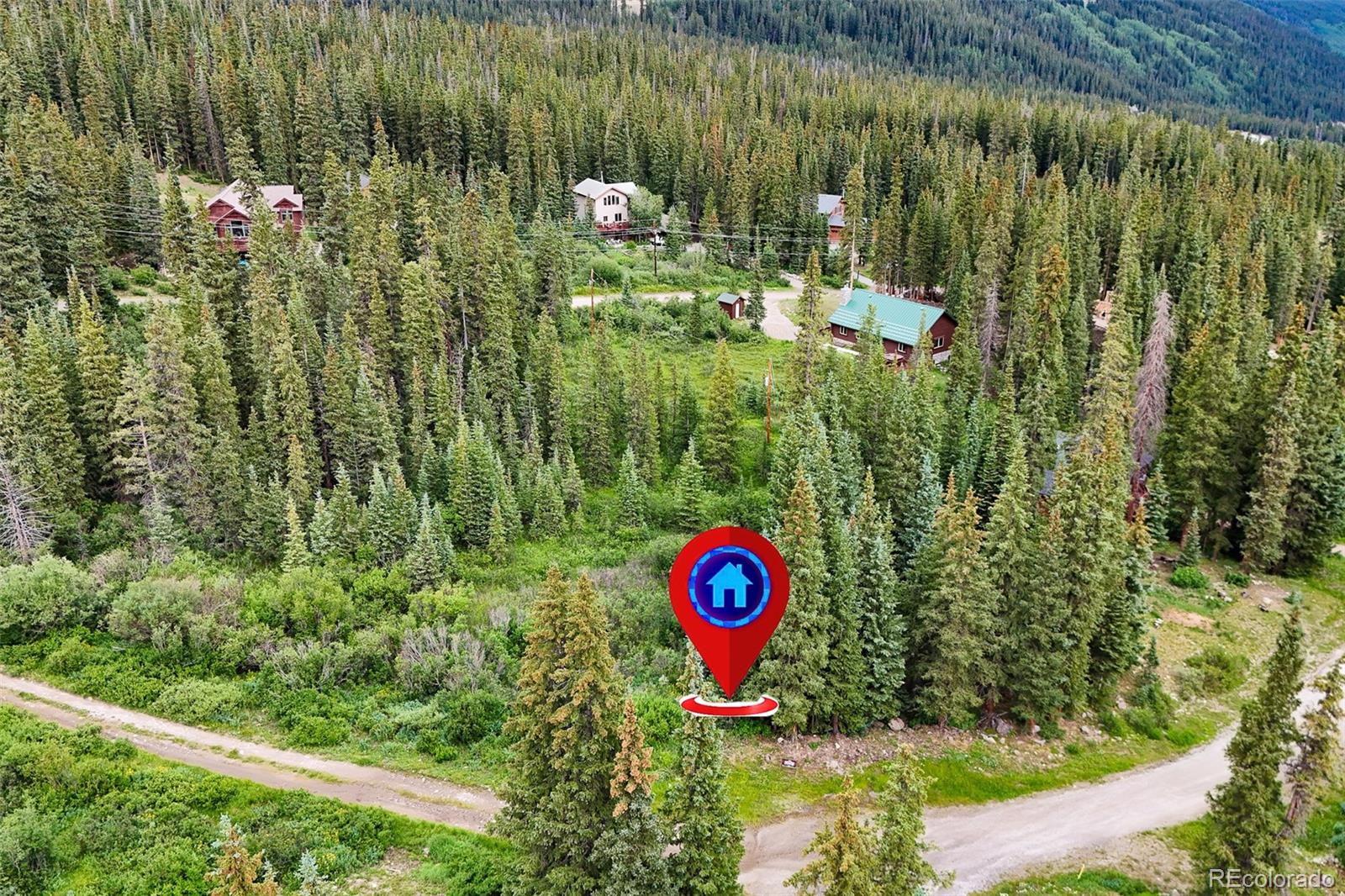 Wooded parcel marked by a red house pin, beside a gravel road and surrounded by evergreen forest.