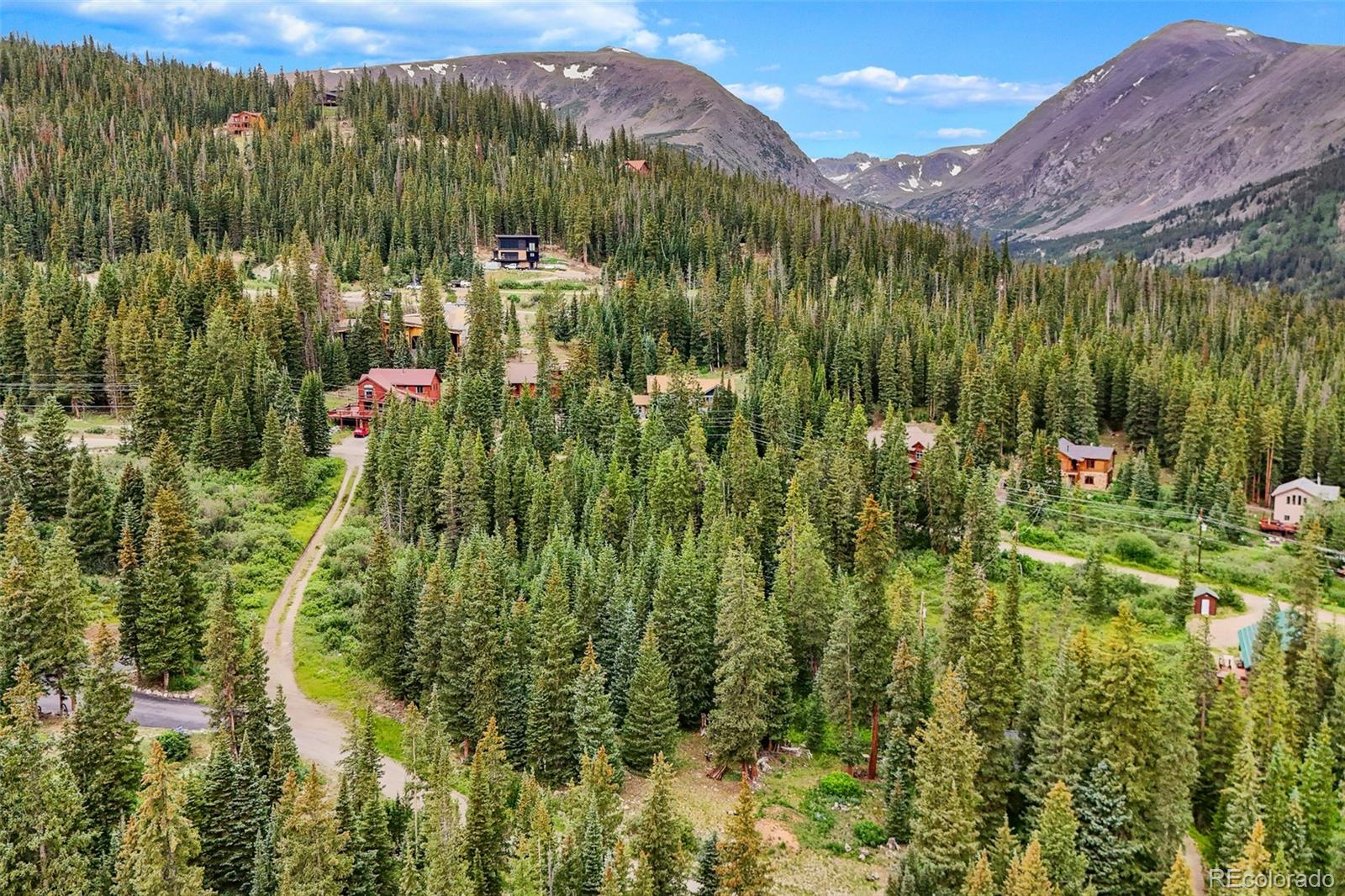 Aerial view of homes among dense evergreens, with rugged mountain peaks in the background.