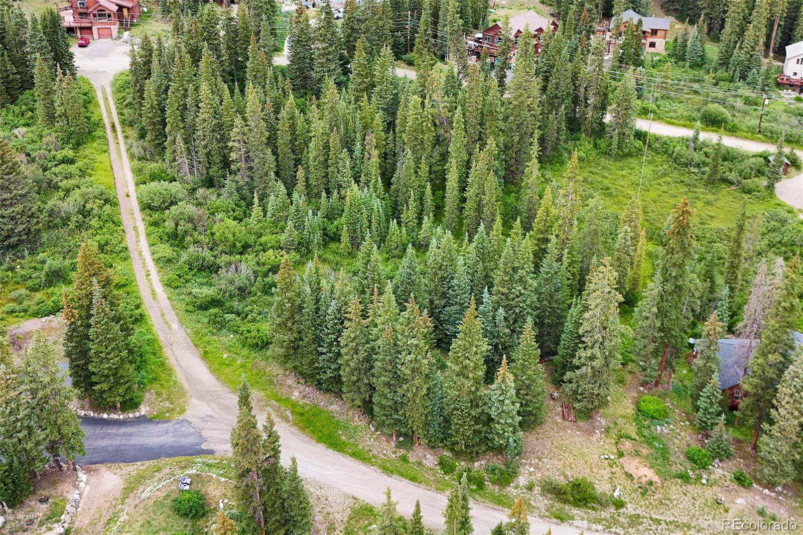 Aerial view of a wooded property with a dirt access road and nearby cabins.
