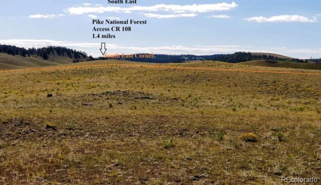 Open grassy land with distant forested hills; annotations point out the southeast corner and nearby forest access.