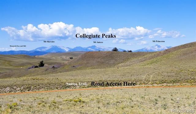 Rolling scrubland parcel with an orange access line and the Collegiate Peaks in the distance.