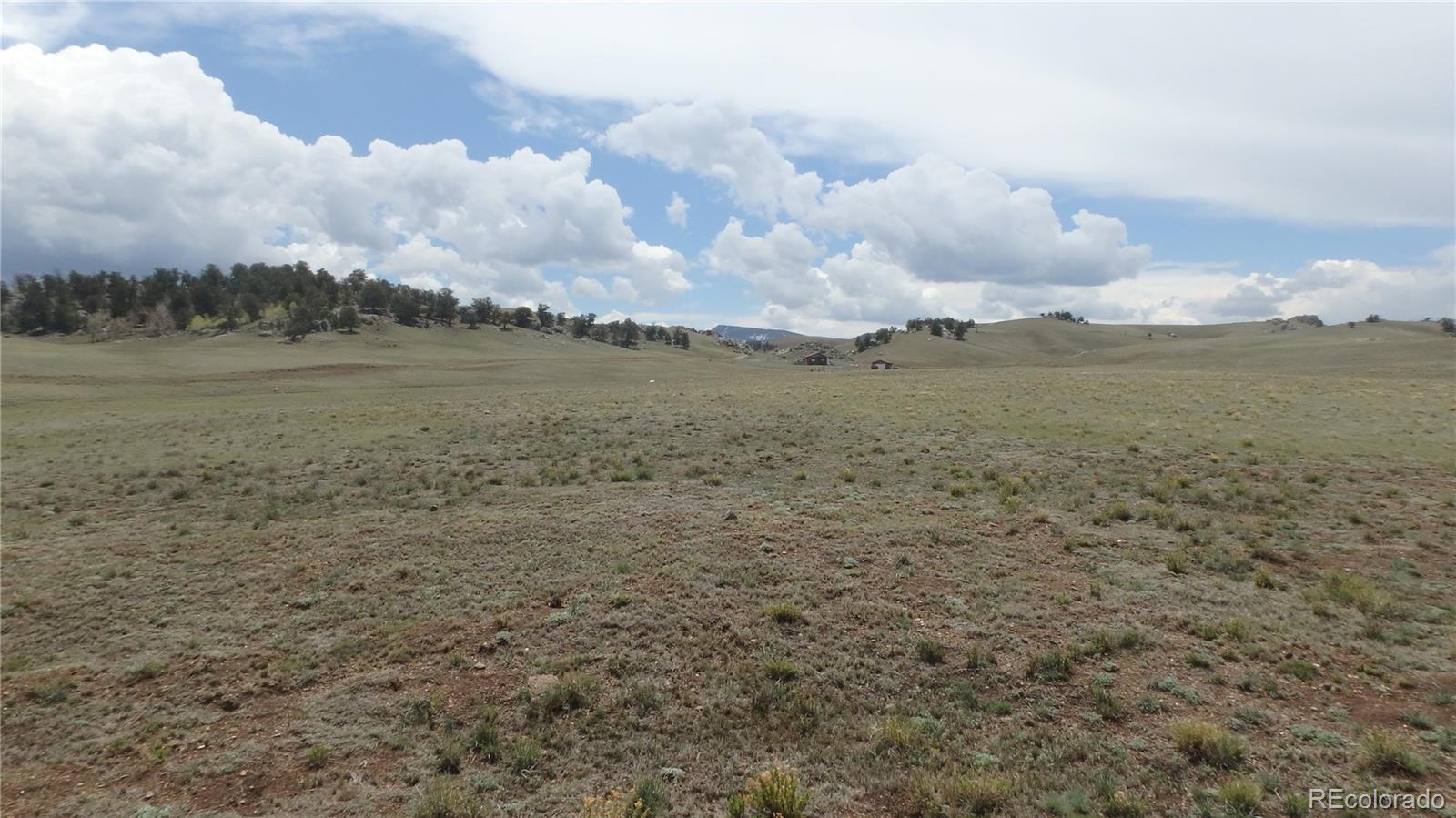 Open grassland property with rolling hills, scattered trees, and distant mountains under a cloudy sky.