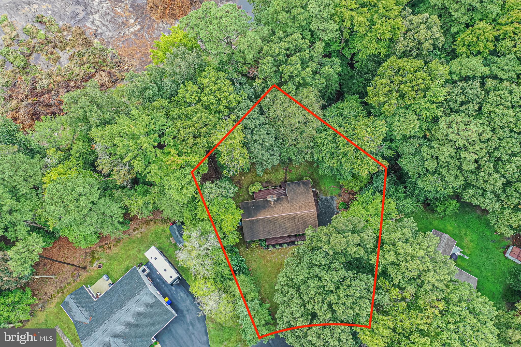 Aerial view of a red-outlined wooded lot with a house beneath dense tree canopy.