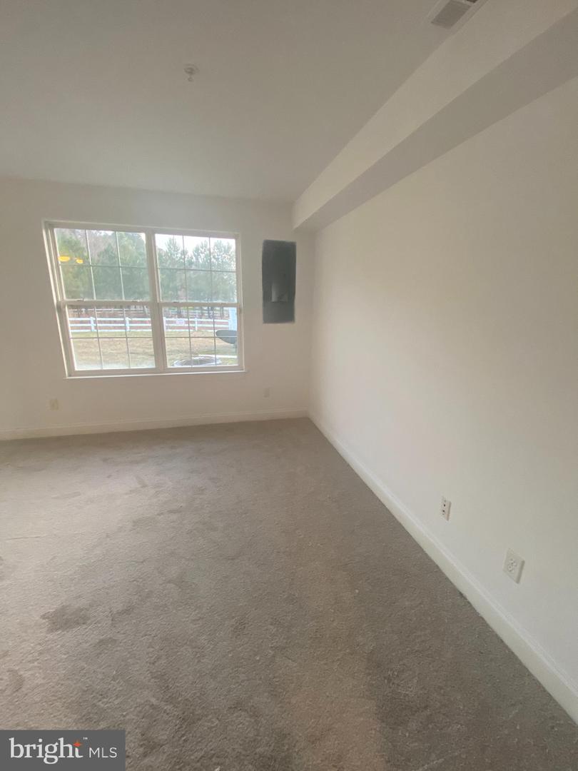 Empty carpeted room with white walls and a large divided window.
