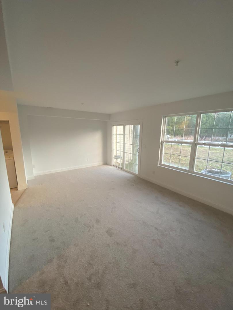 Empty carpeted living room with a sliding glass door and large windows overlooking the yard.