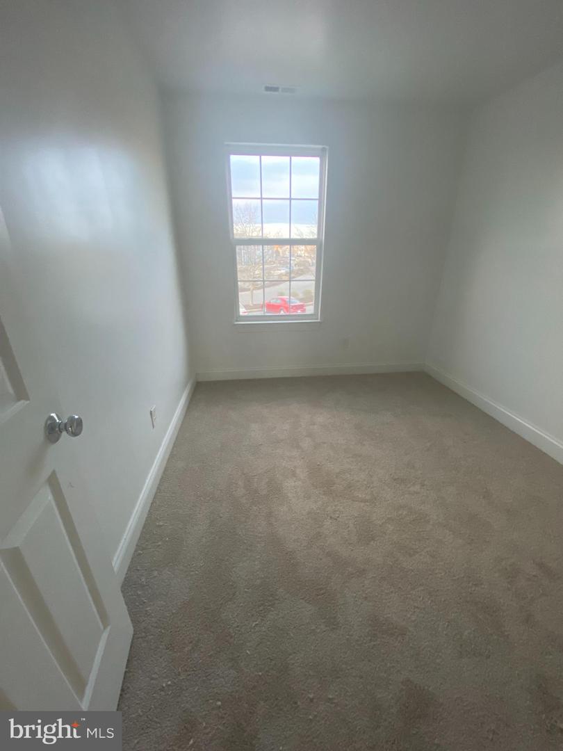 Empty bedroom with beige carpet and a tall divided-pane window.