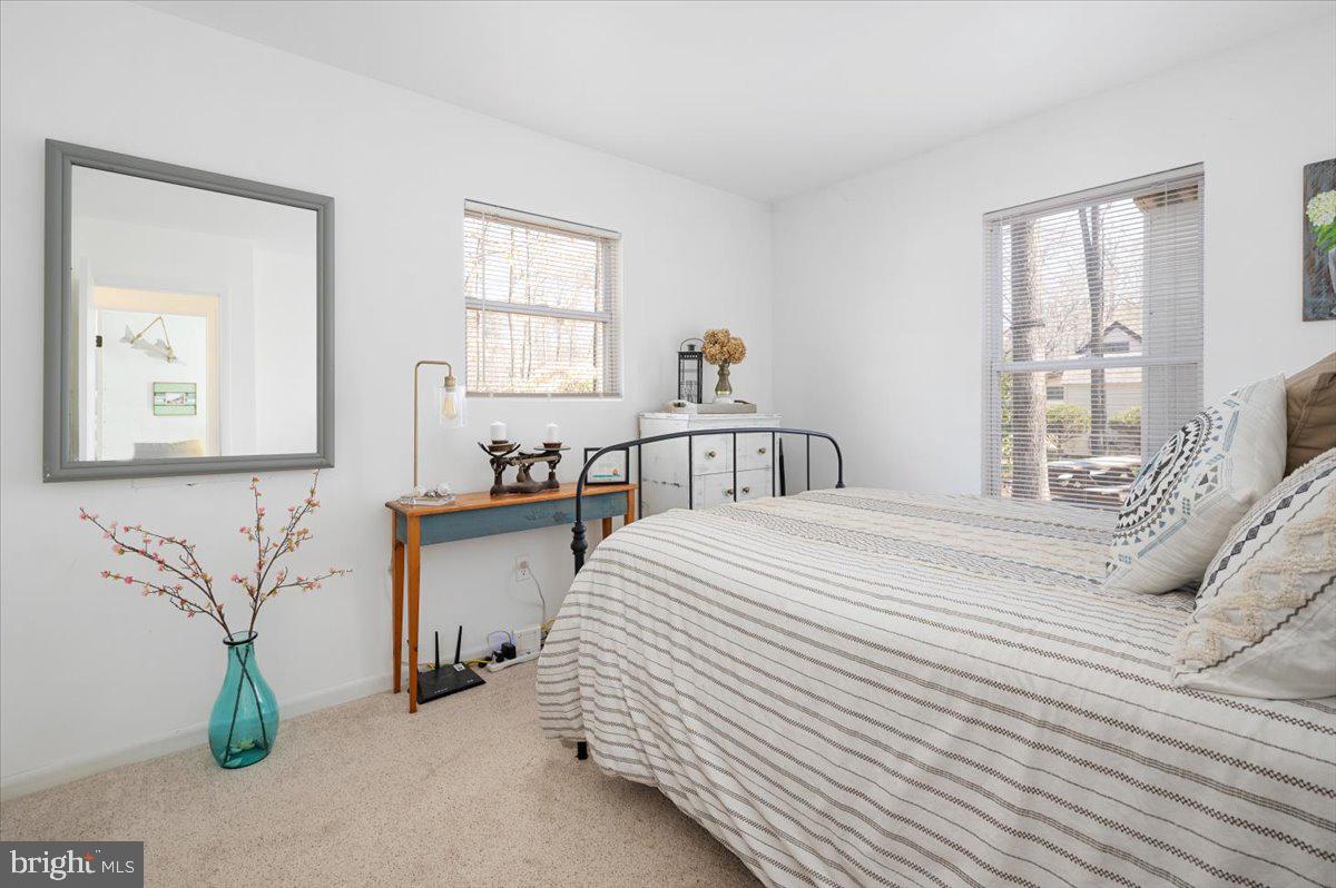 Bedroom with a black metal bed, striped white coverlet, and two bright windows.