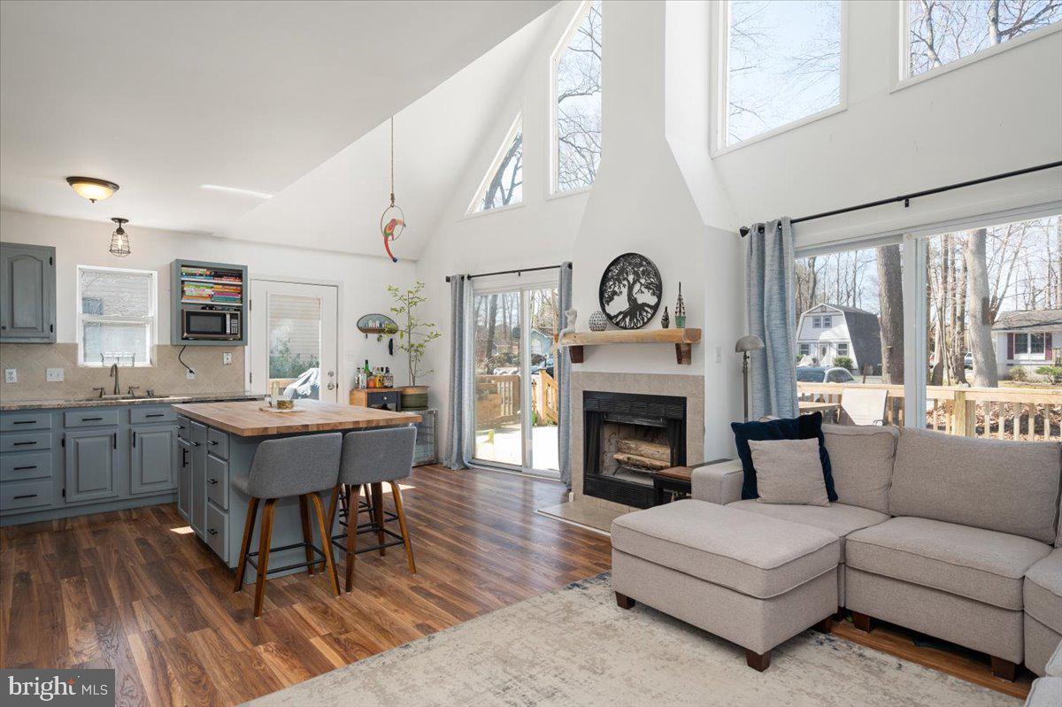 Open-plan living room and kitchen with vaulted ceilings, a fireplace, and large windows overlooking the yard.
