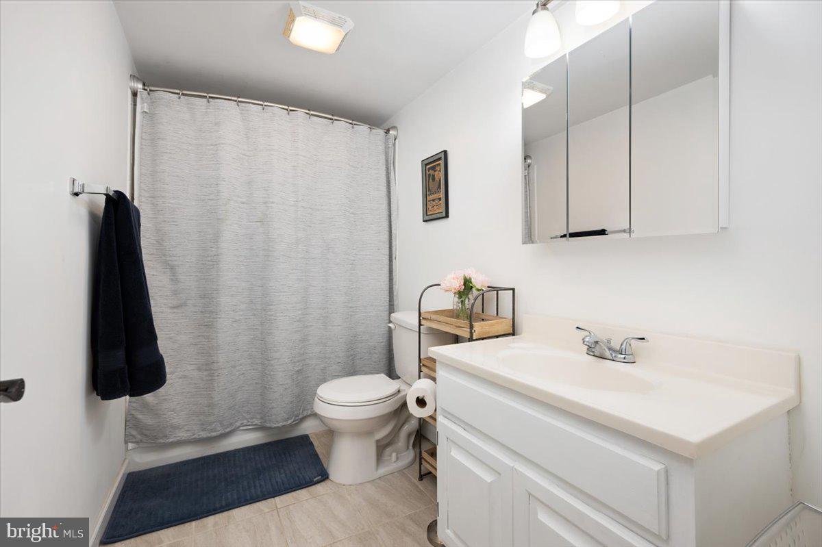 Bathroom with a white vanity, mirrored cabinet, toilet, and gray shower curtain.