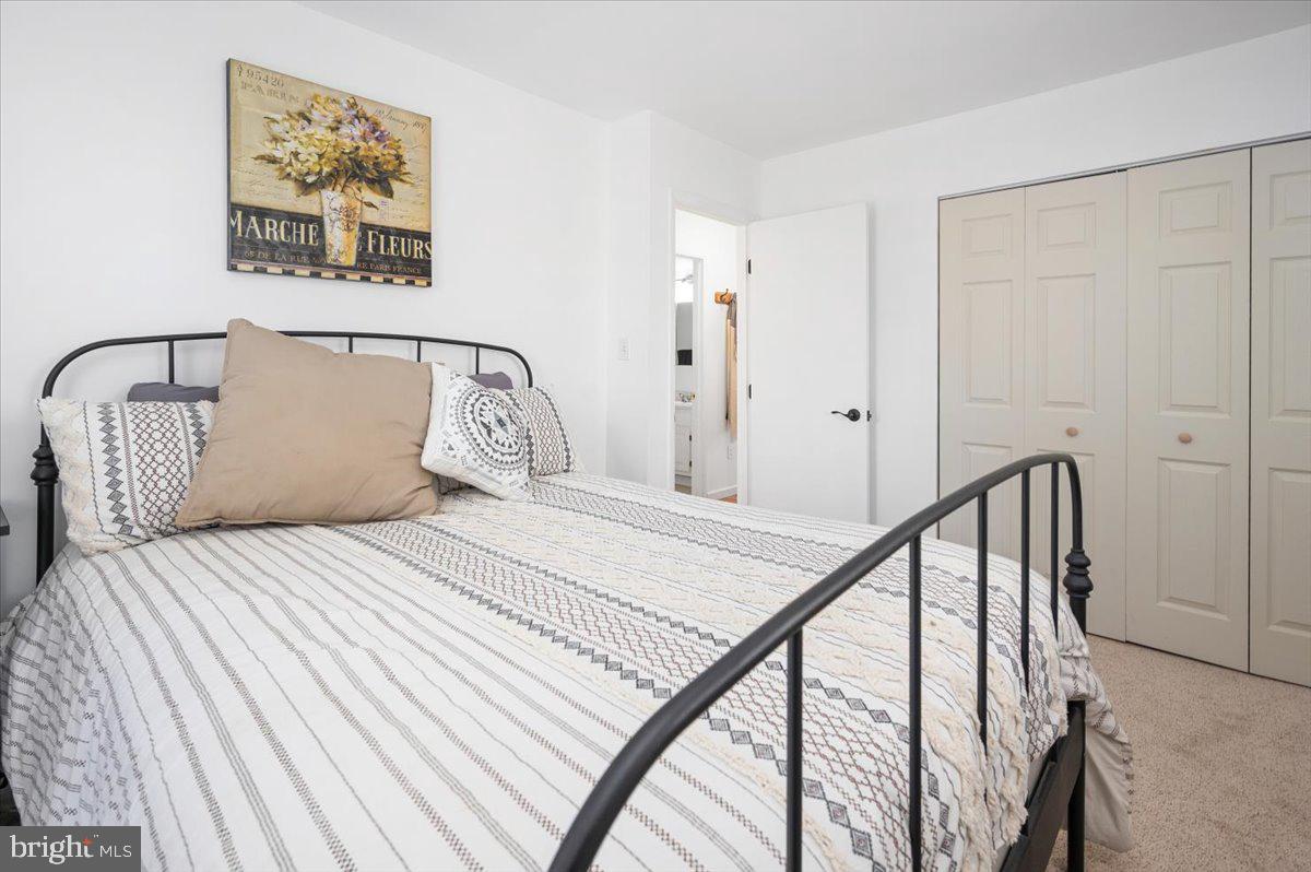 Bedroom with a black metal bed, patterned white bedding, and white paneled closet doors.