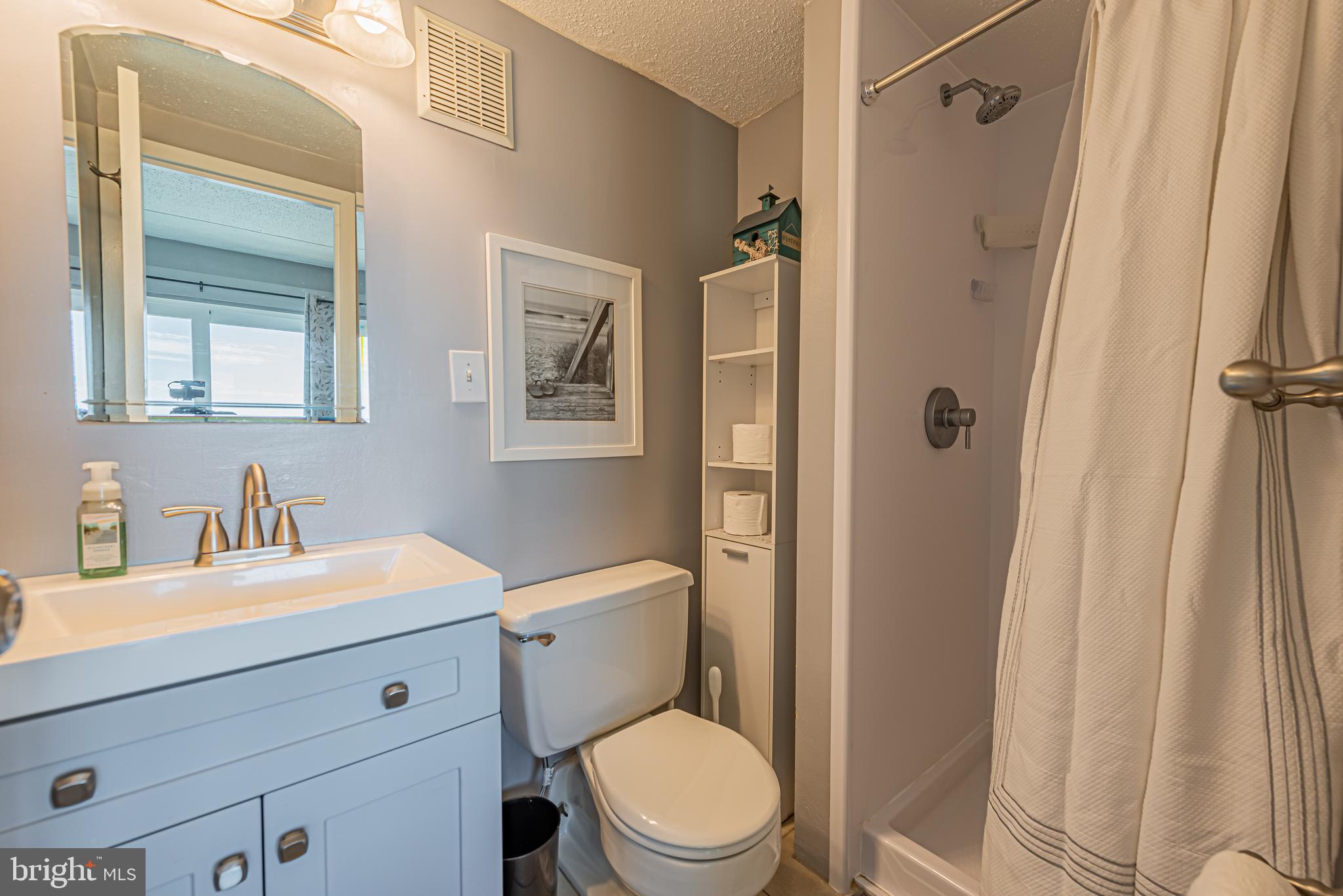 Bathroom with pale blue vanity, white toilet, and walk-in shower with a white curtain.