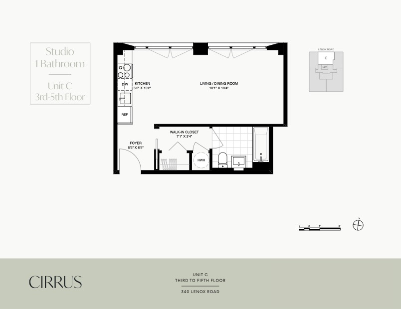Studio apartment floor plan with a walk-in closet, separate kitchen area, and one bathroom.