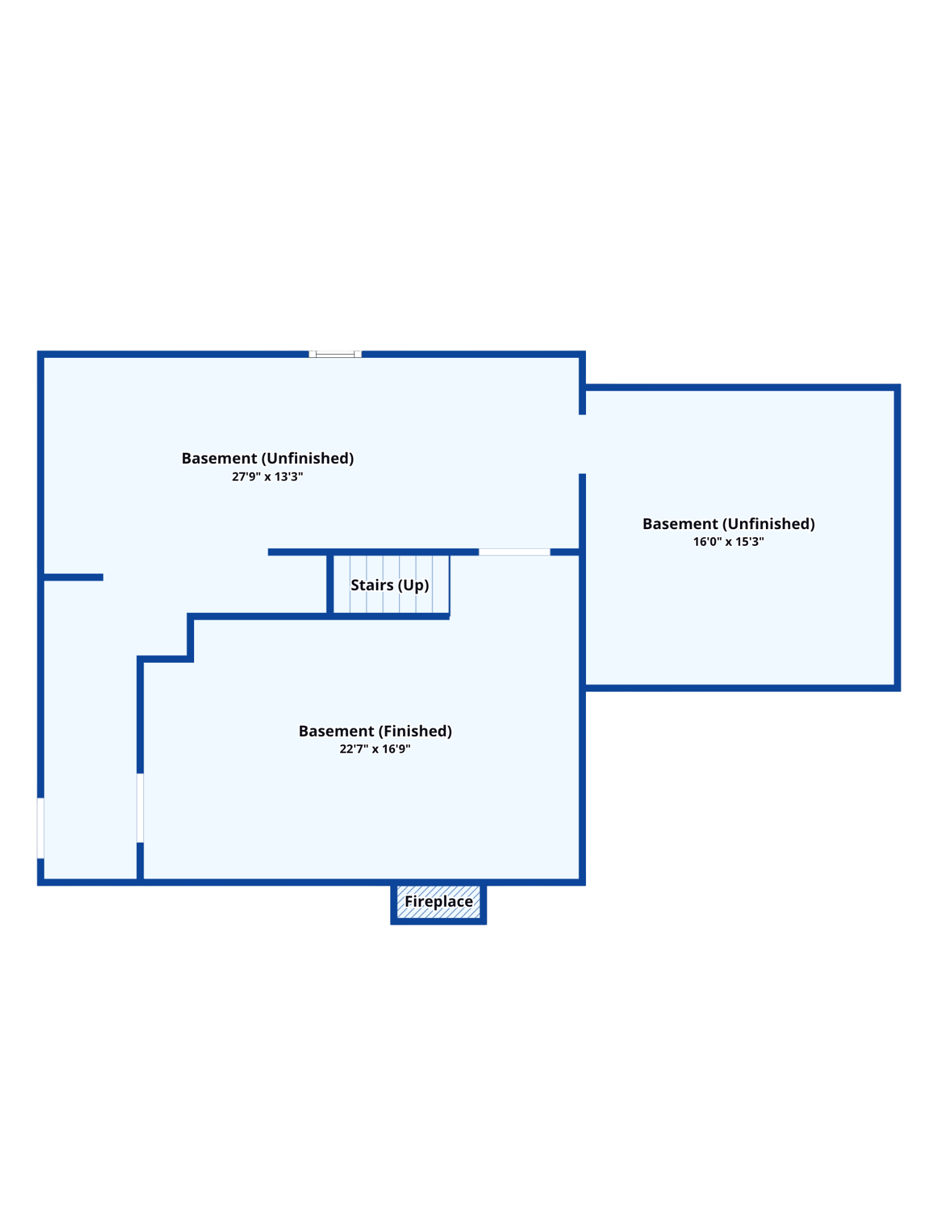 Basement floor plan with finished and unfinished areas, stairs, and a fireplace.