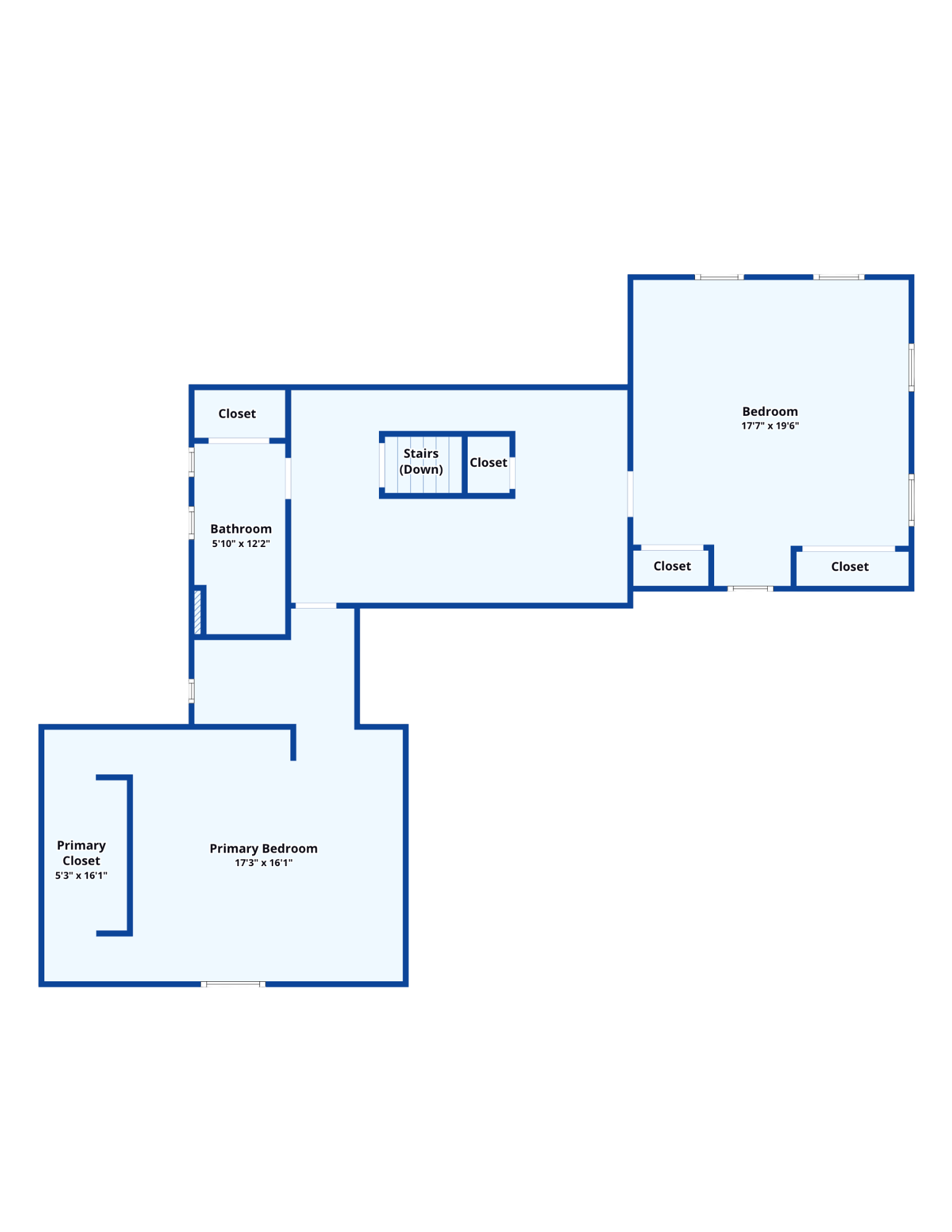 Floor plan with two bedrooms, a bathroom, stairs, and labeled room dimensions.