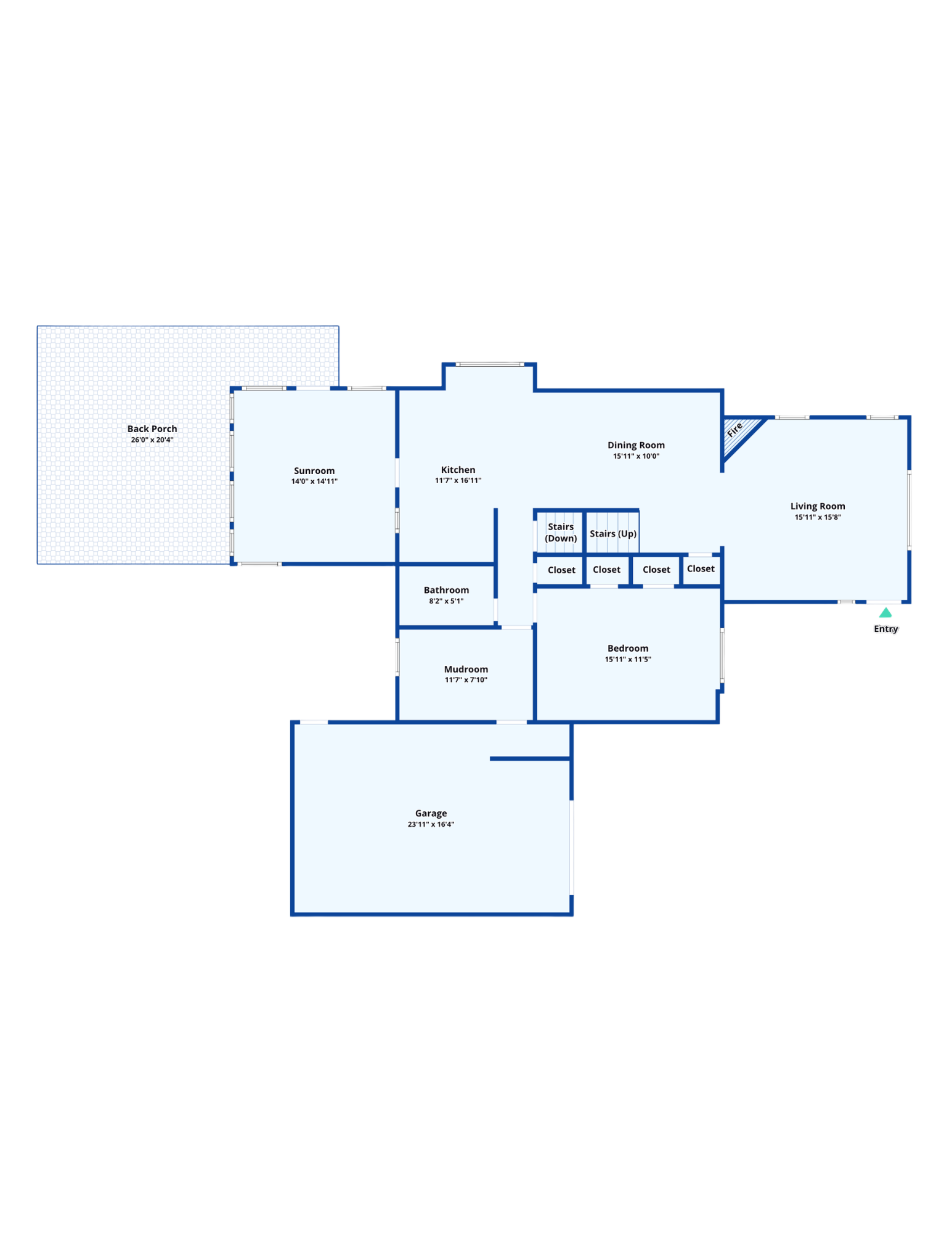 Floor plan showing the home's rooms, back porch, garage, and labeled room dimensions.