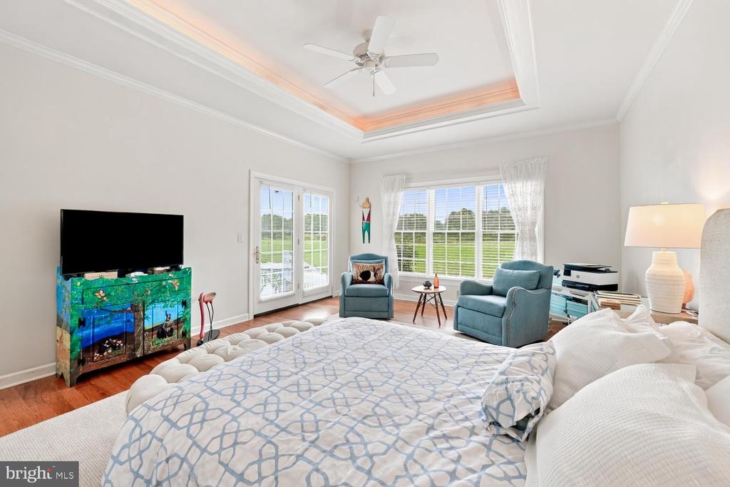 Bedroom with tray ceiling, bed, sitting area, and windows overlooking a green lawn.