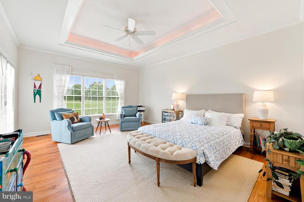 Spacious bedroom with a king-size bed, blue armchairs, hardwood floors, and a tray ceiling.