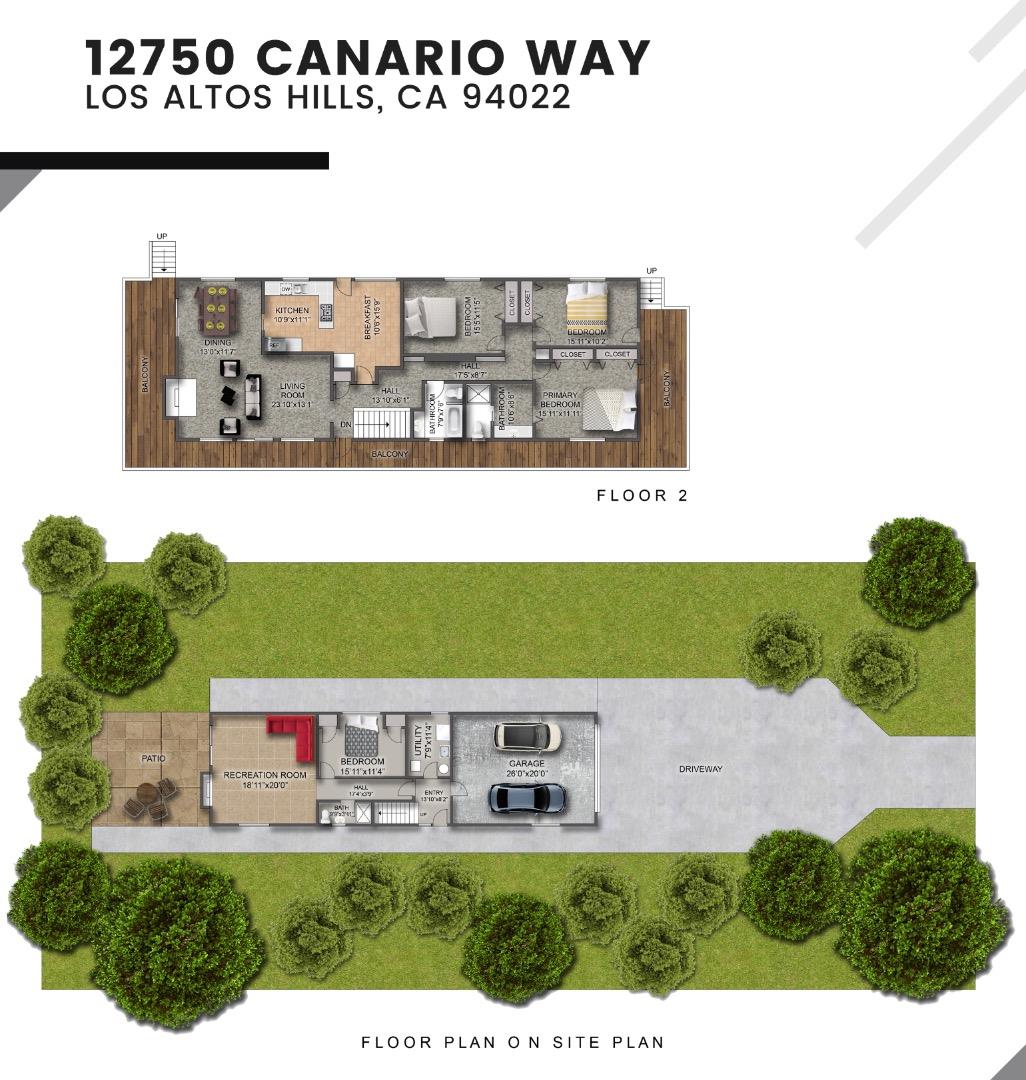 Floor plan and site plan for 12750 Canario Way, showing room layouts, garage, driveway, and landscaping.