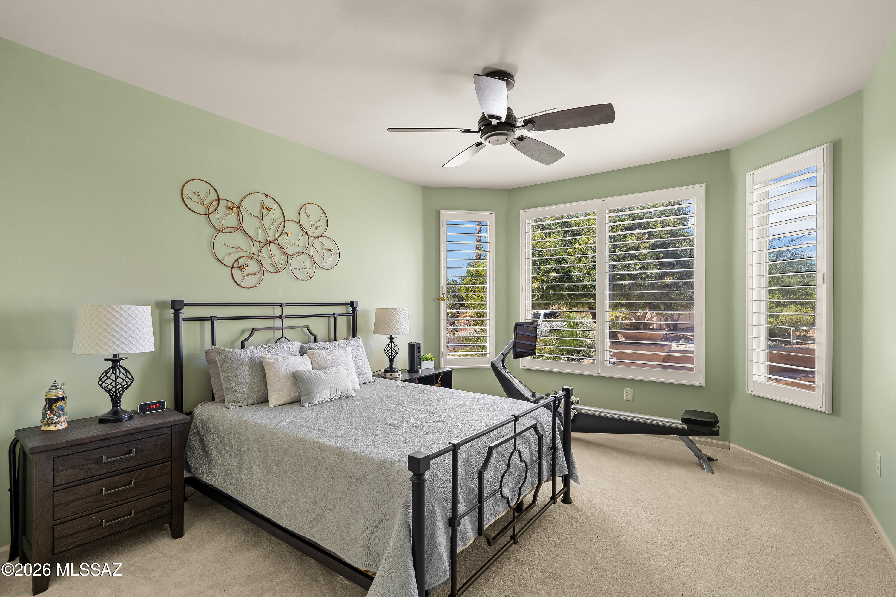 Bedroom with a metal bed, green walls, plantation shutters, and a rowing machine.