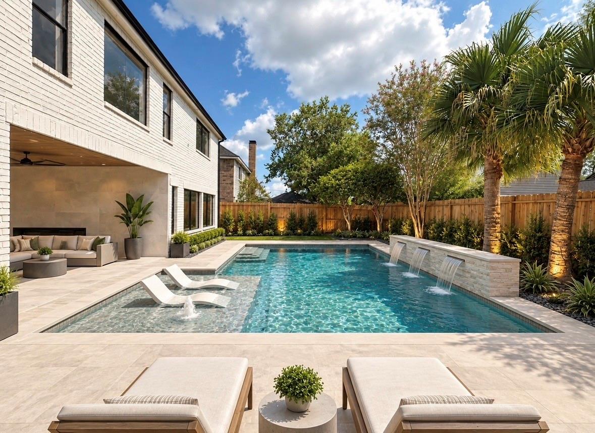 Backyard pool with in-water loungers, three spillways, and a furnished patio beside a white brick home.