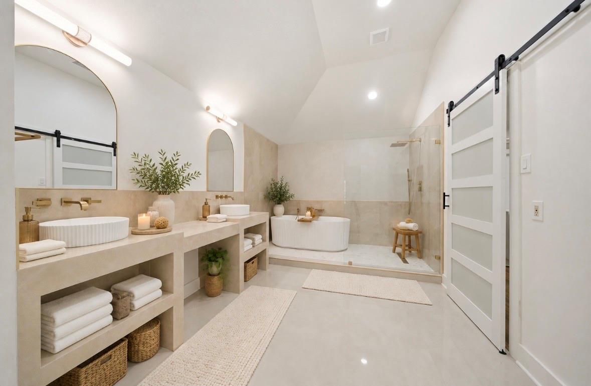Bathroom with a double vanity, arched mirrors, and freestanding tub beside a glass shower