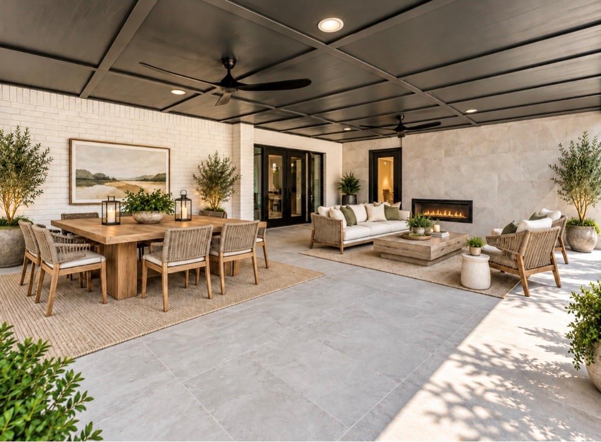 Covered patio with dining and lounge seating, ceiling fans, and a linear fireplace.
