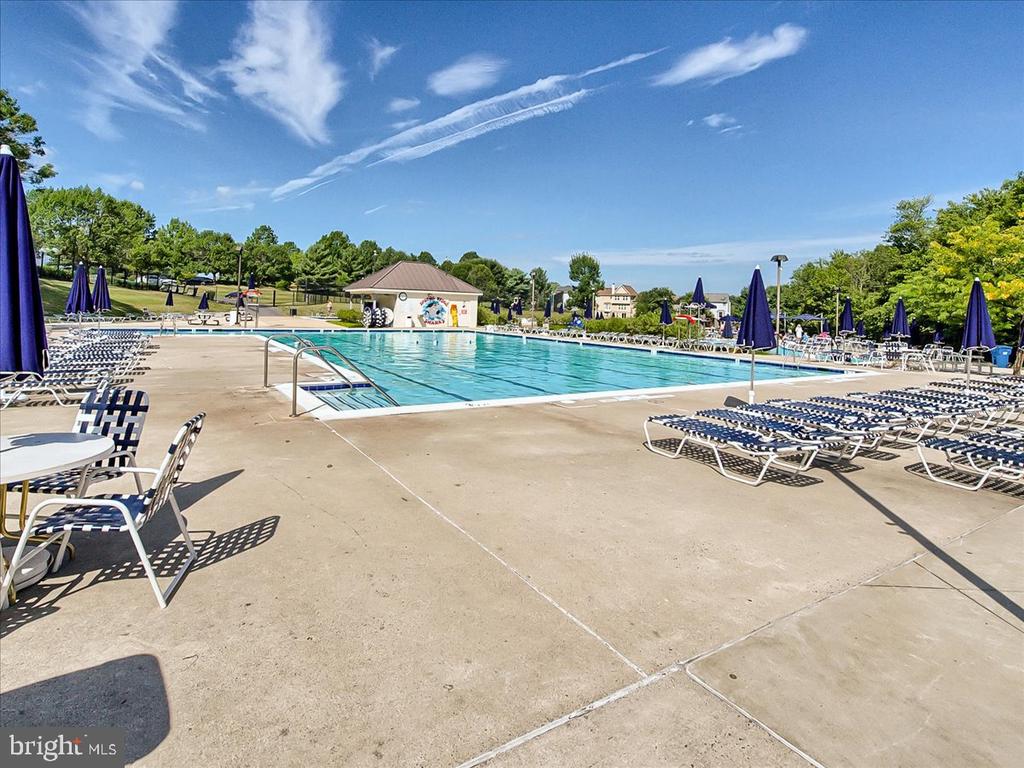 Outdoor swimming pool with turquoise water, navy umbrellas, and rows of lounge chairs.