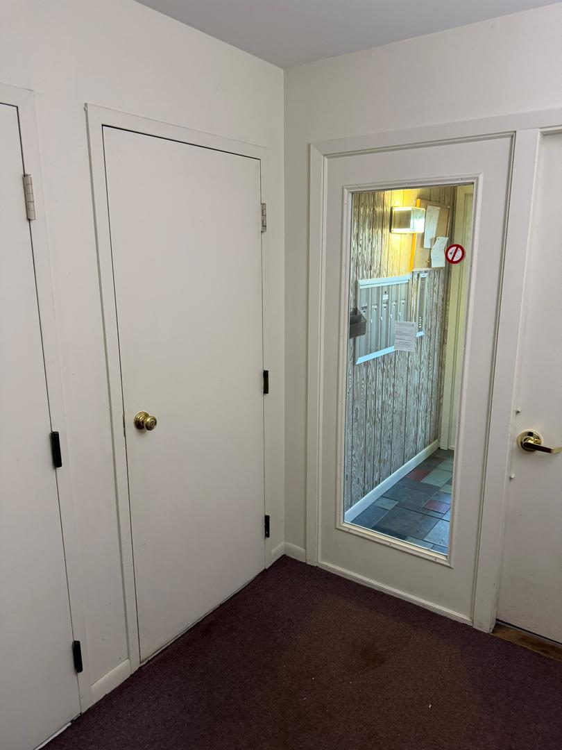 Hallway with burgundy carpet, white doors, and a glazed door opening onto a tiled area.