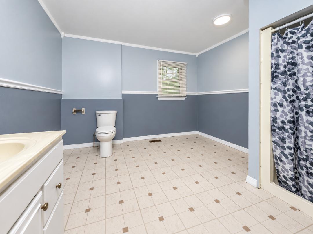 Bathroom with a white vanity, toilet, patterned shower curtain, and blue-gray walls.