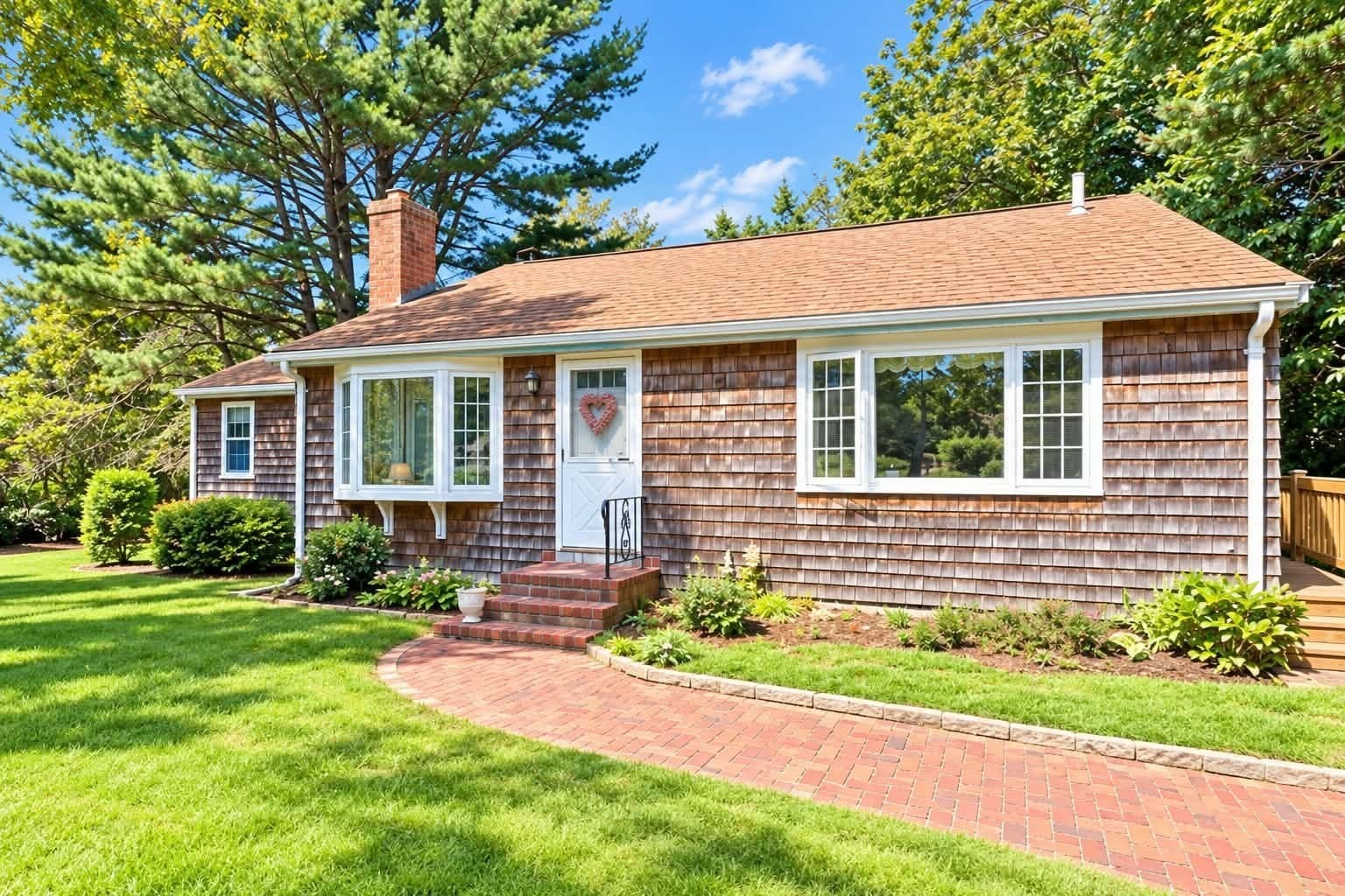 Shingled single-story home with white-trimmed windows, a brick walkway, and a landscaped lawn.