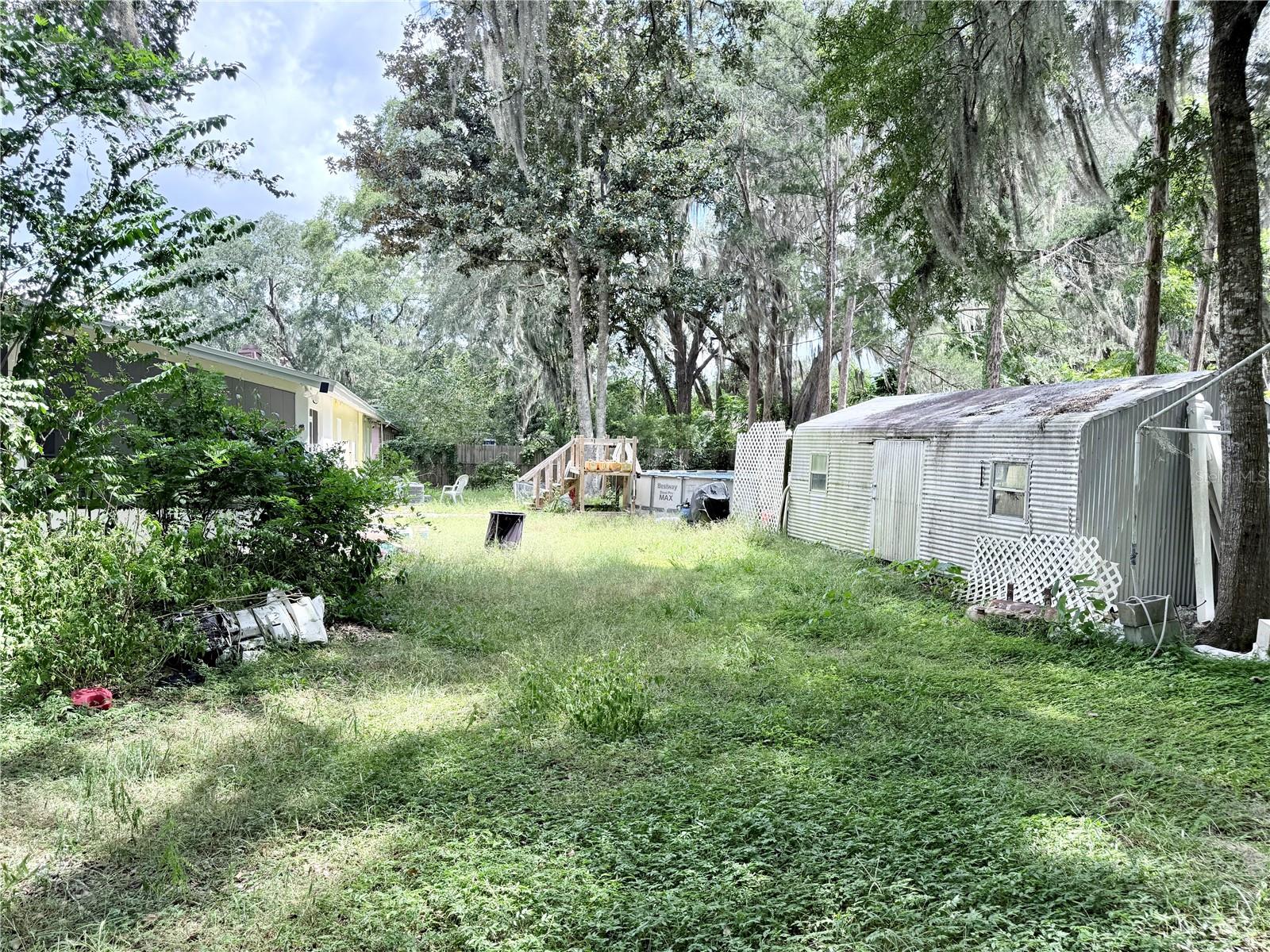 Backyard with a metal shed, grassy lawn, and mature trees draped in Spanish moss.
