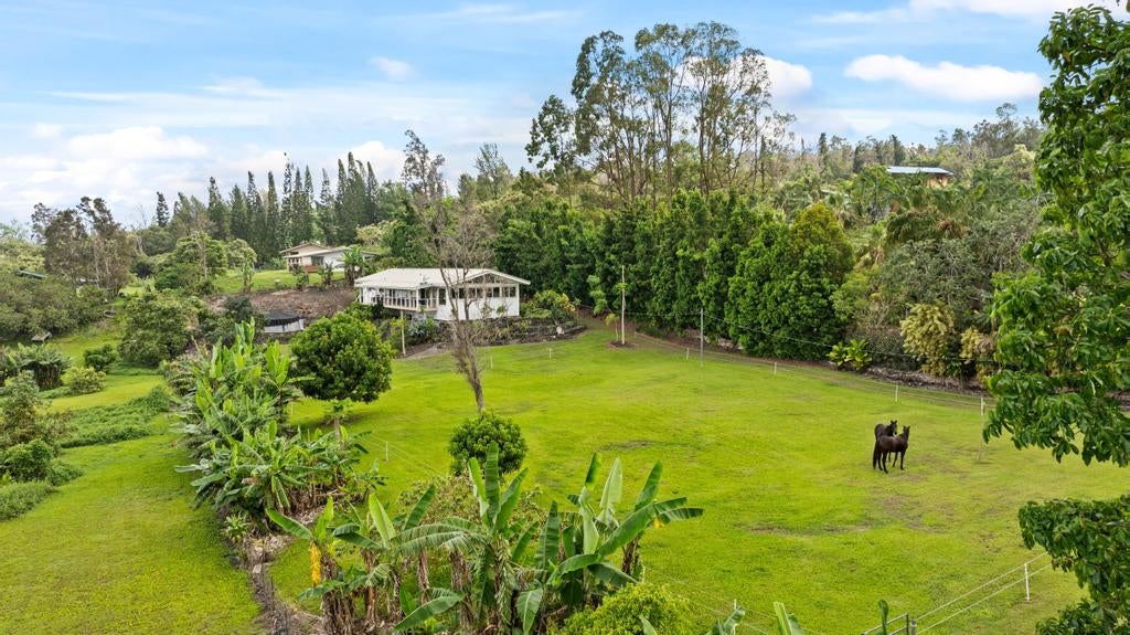 White house overlooking a broad green pasture with tropical plants and two grazing animals.