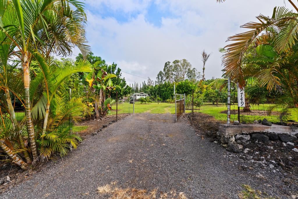 Gravel driveway and open gate lead through palm trees toward a distant house.