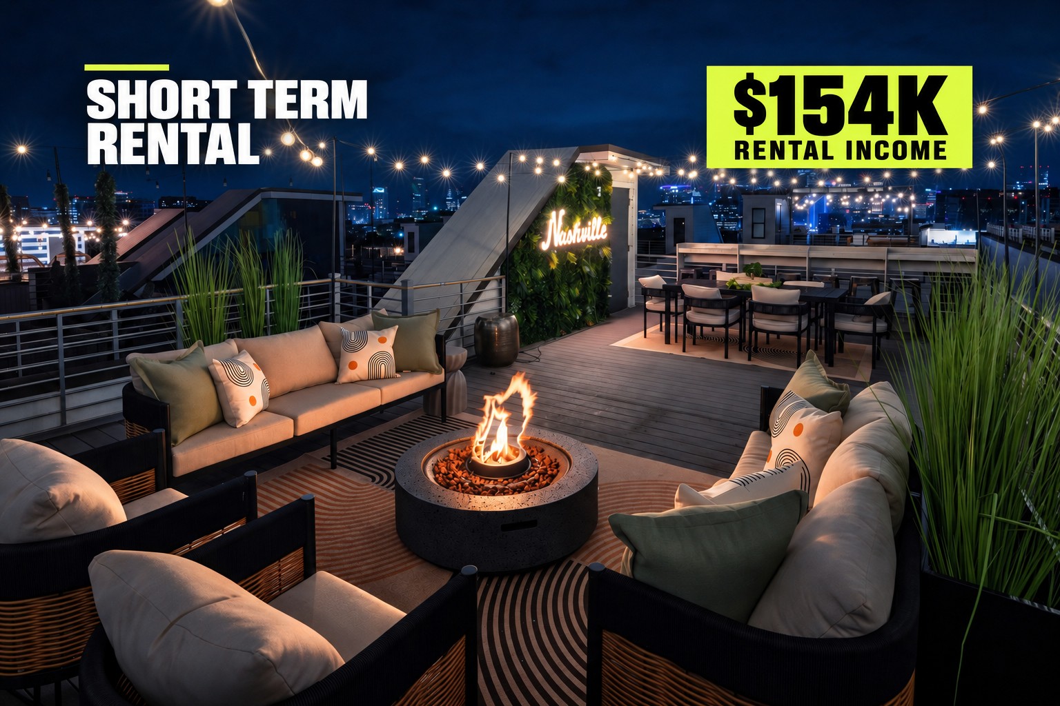 Furnished rooftop terrace with a fire pit, dining area, and Nashville skyline at night.