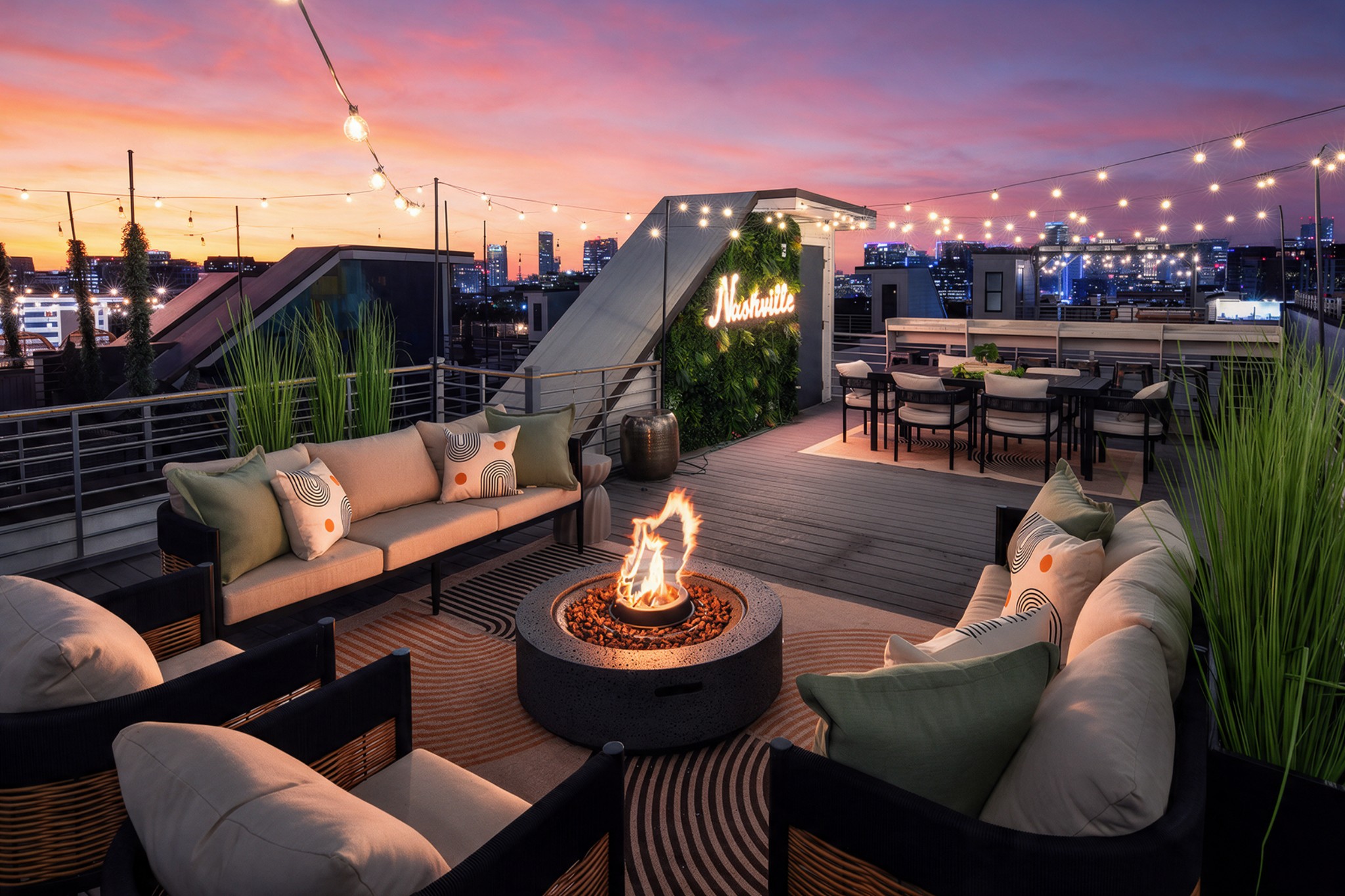 Rooftop terrace with a fire pit, string lights, and Nashville skyline at dusk.