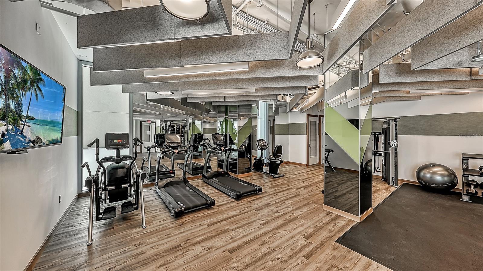 Fitness room with treadmills, strength equipment, mirrored walls, and wood-look flooring.