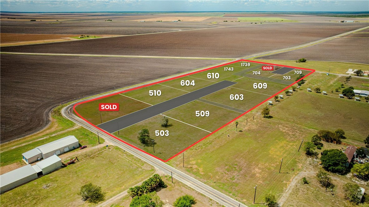 Aerial view of a marked rural subdivision with parcel boundaries, lot numbers, and SOLD labels.