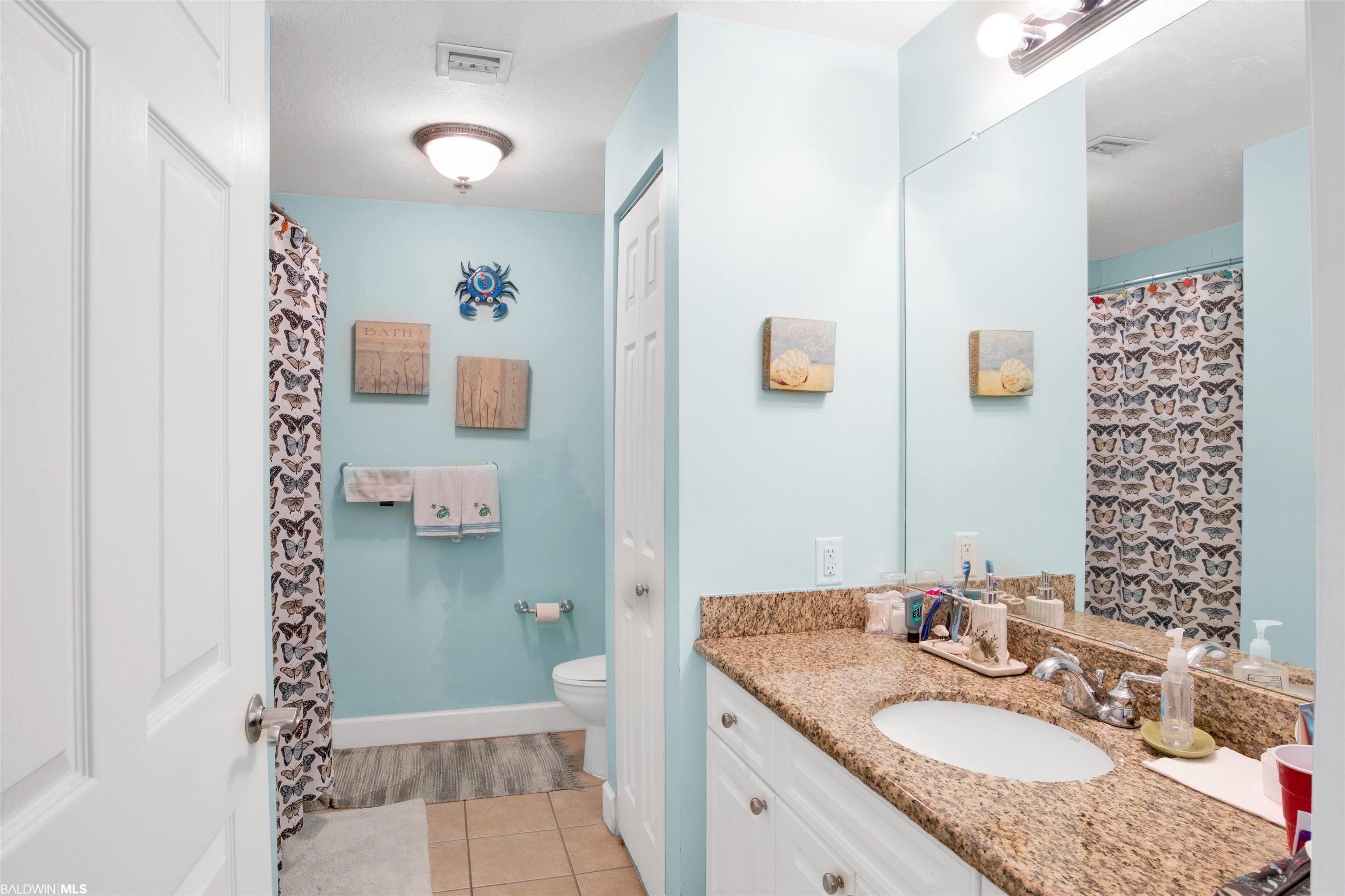 Bathroom with a granite vanity, large mirror, and butterfly-patterned shower curtain.