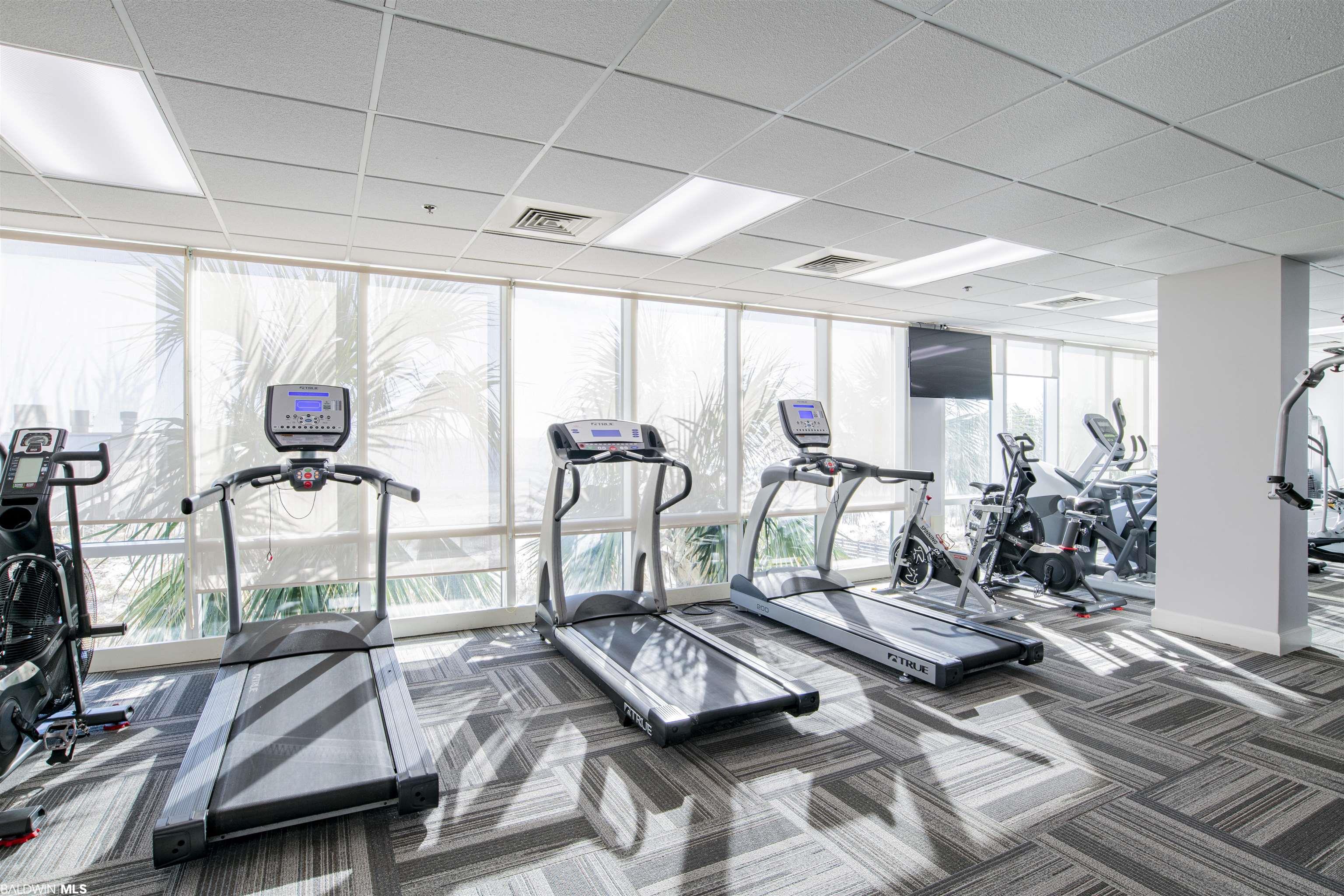 Fitness center with treadmills and stationary bikes beside large windows.