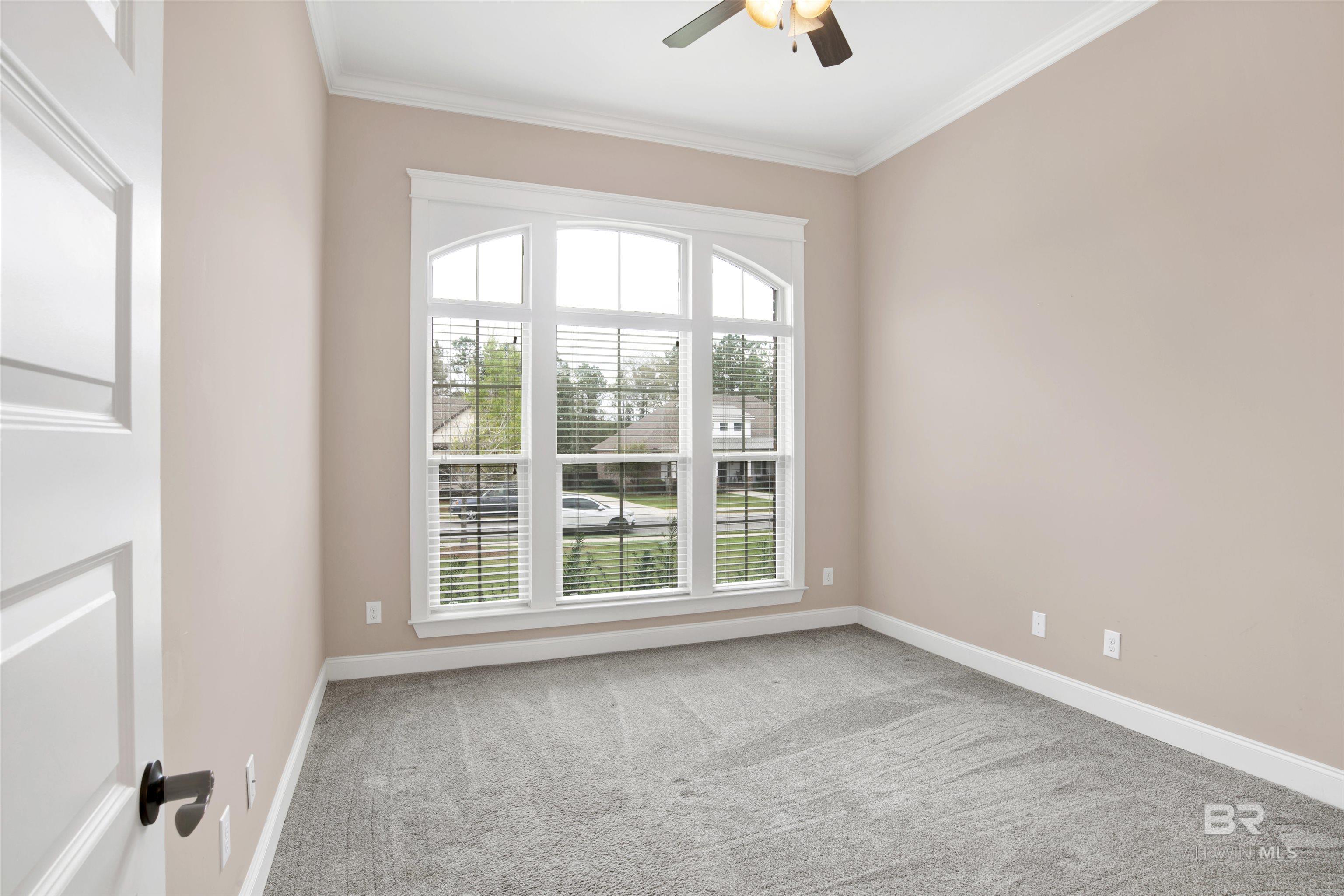 Empty carpeted room with pale pink walls and a large window with blinds.