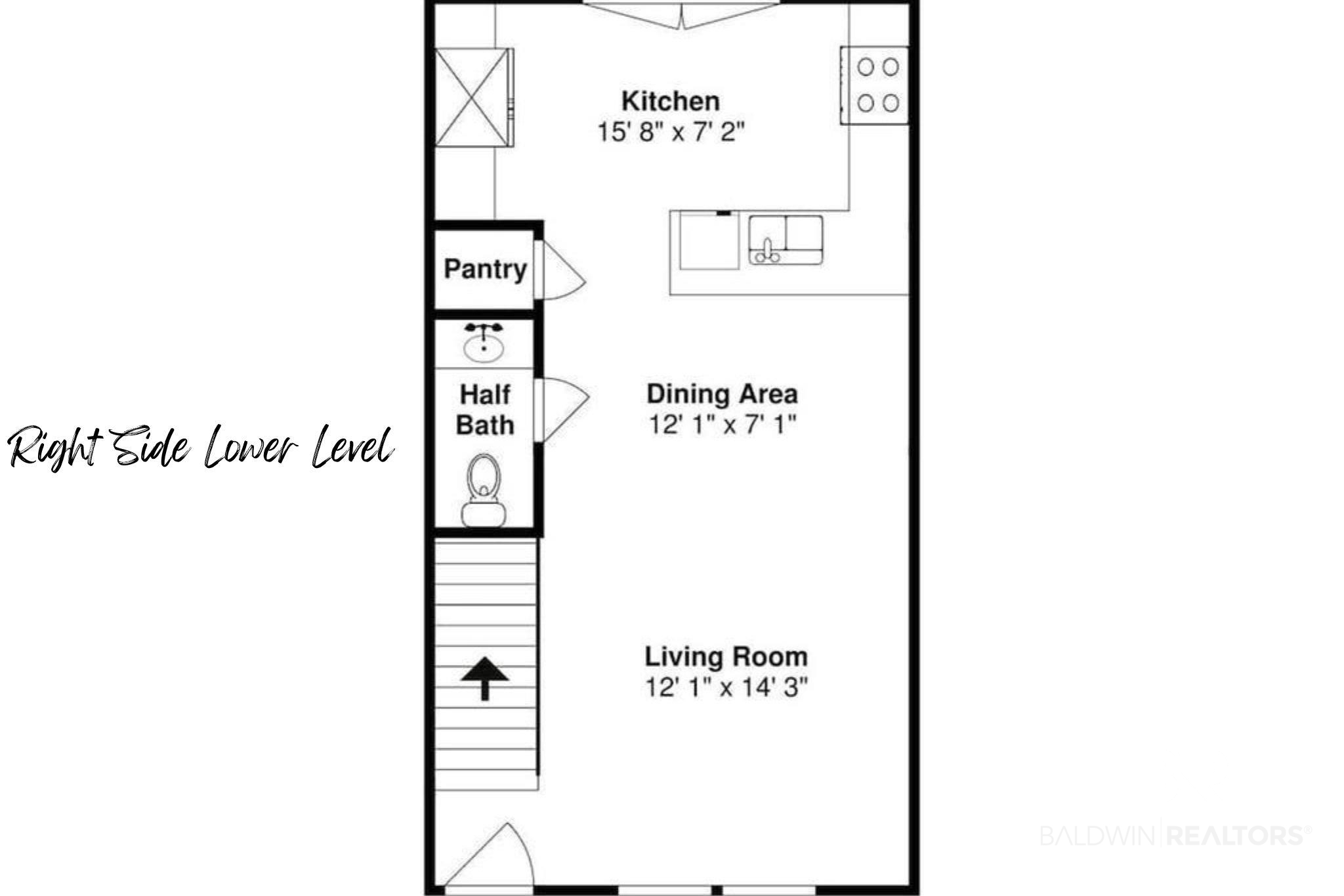 Lower-level floor plan with kitchen, pantry, half bath, dining area, living room, and stairs.