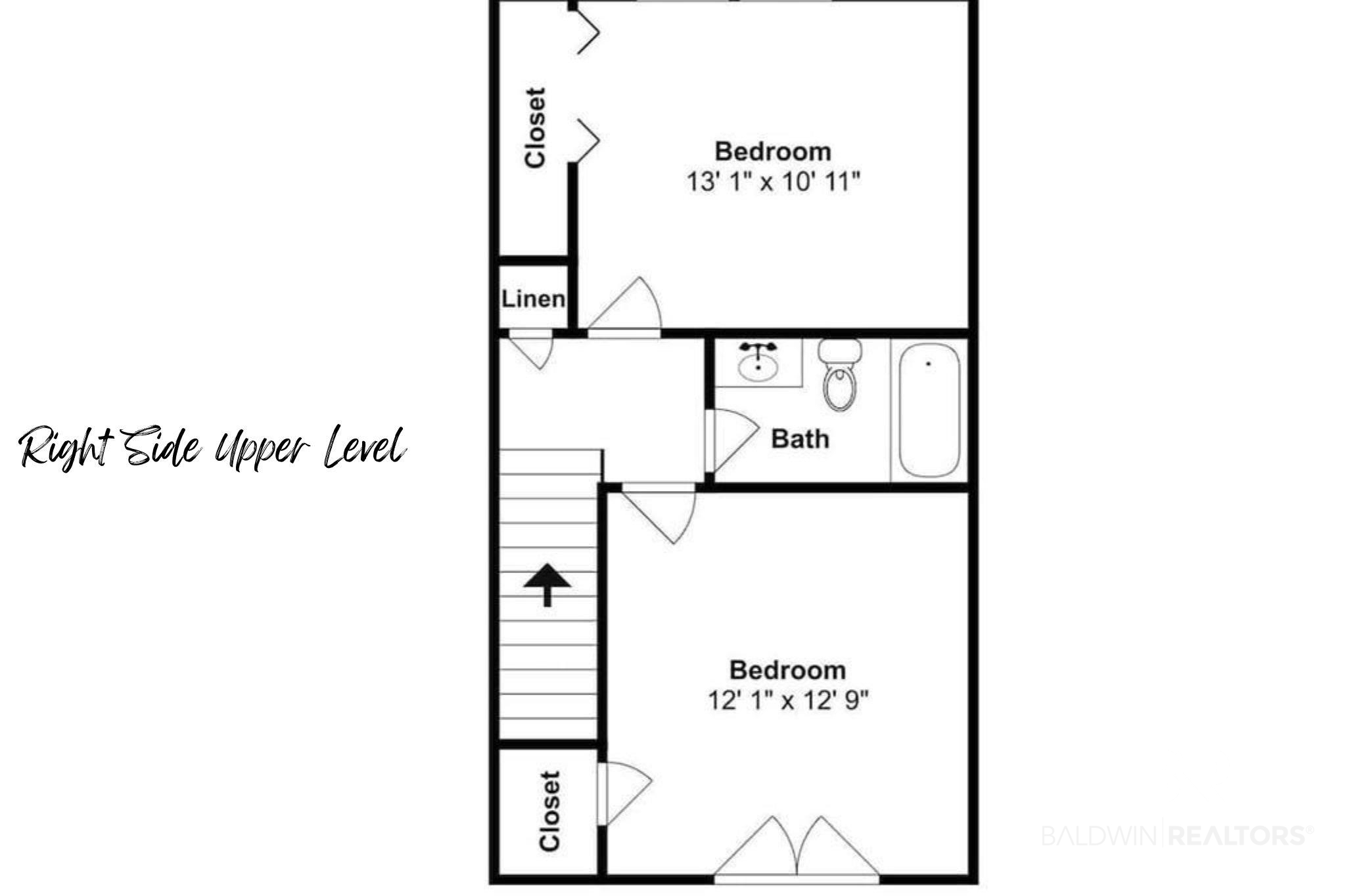 Upper-level floor plan showing two bedrooms, a bathroom, closets, and stairs.