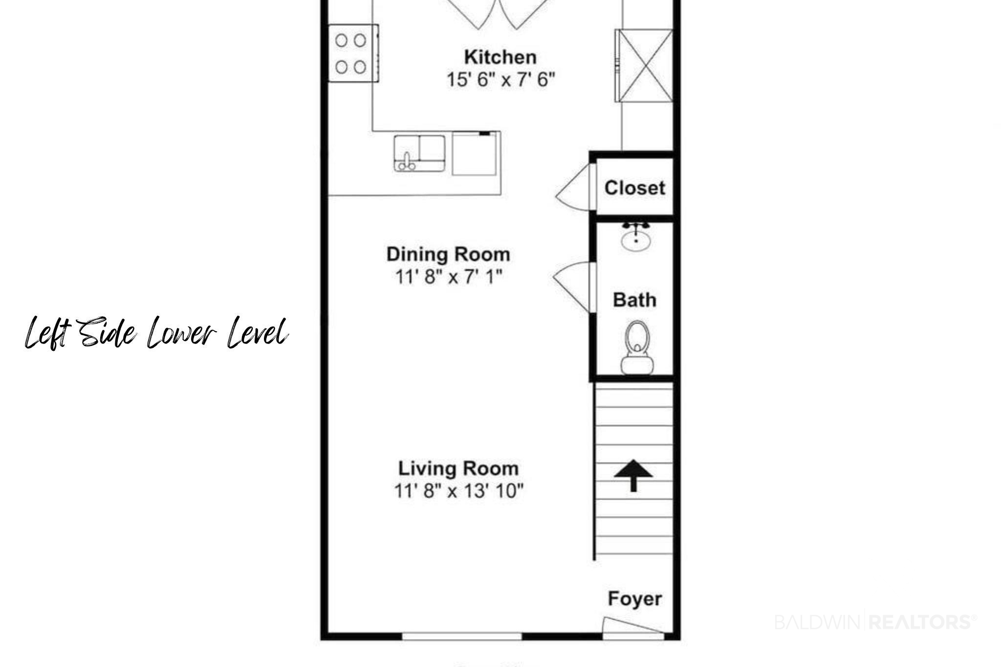 Lower-level floor plan showing the kitchen, dining room, living room, bath, closet, foyer, and stairs.